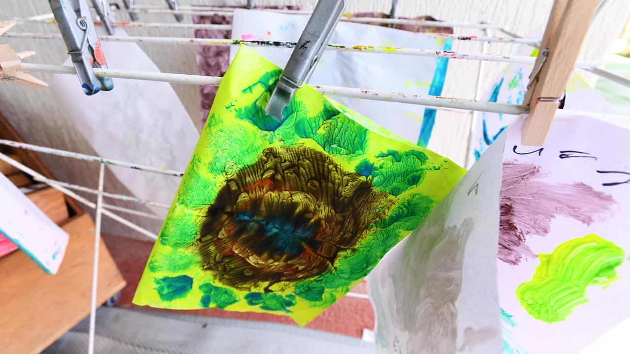 Children's paintings drying at a childcare centre