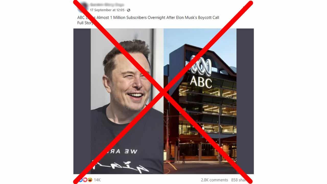 Crossed out Facebook post claiming Elon Musk is boycotting ABC