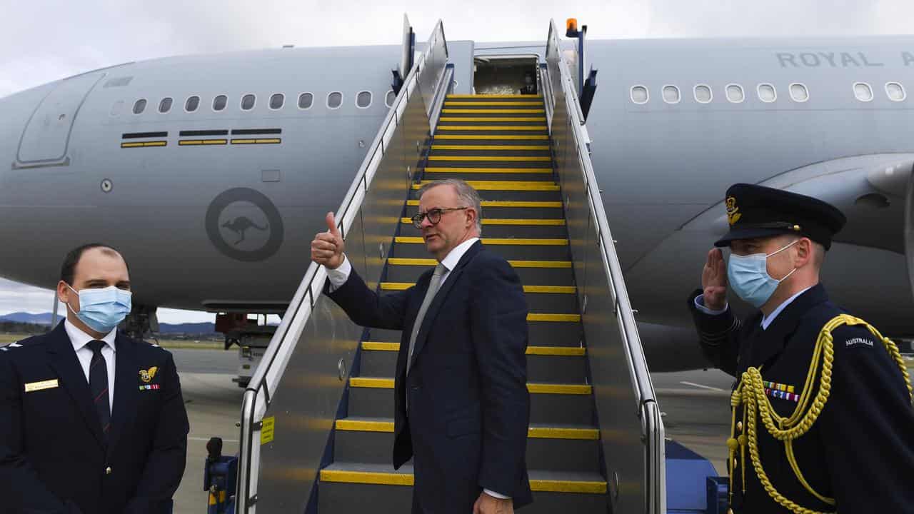 File photo of Anthony Albanese boarding a plane