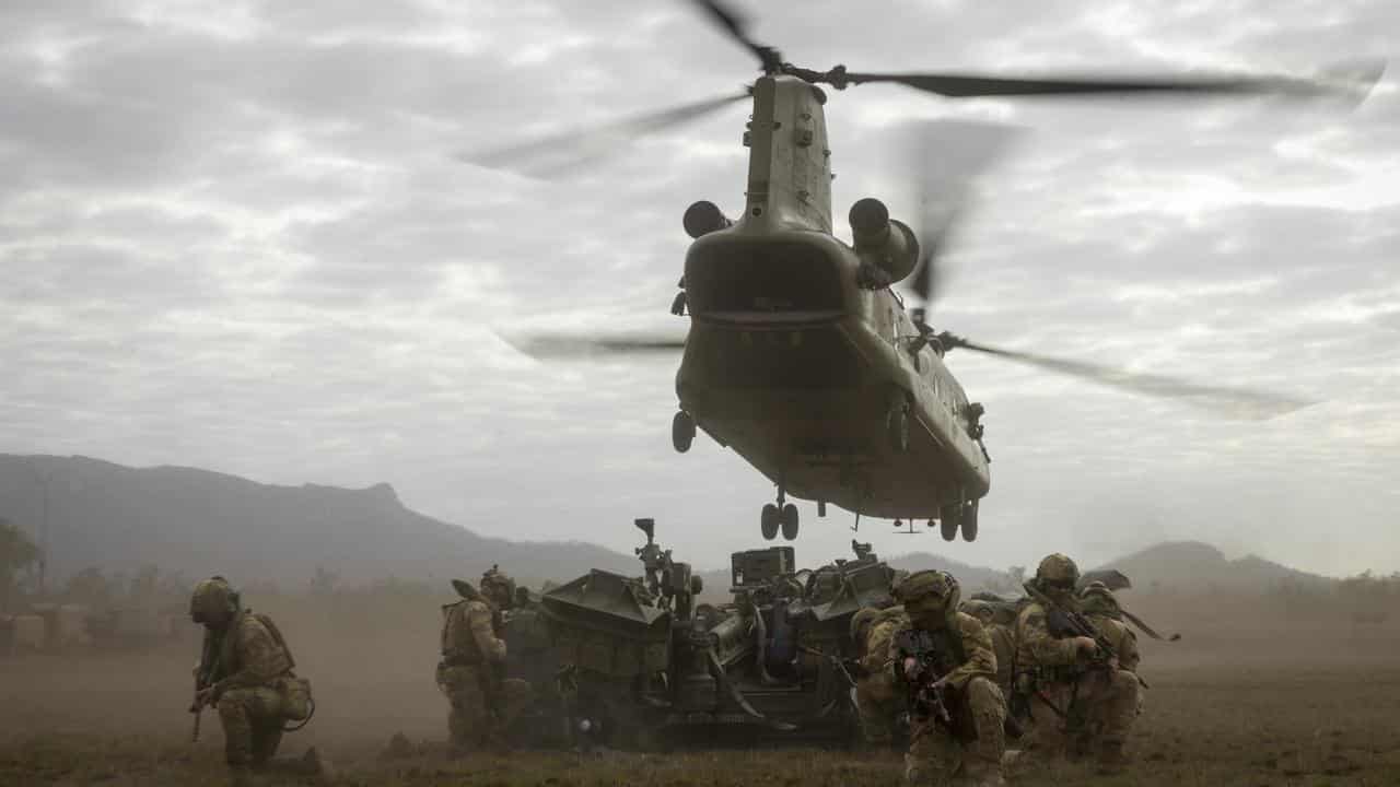 Army CH-47 Chinook taking off at Shoalwater Bay