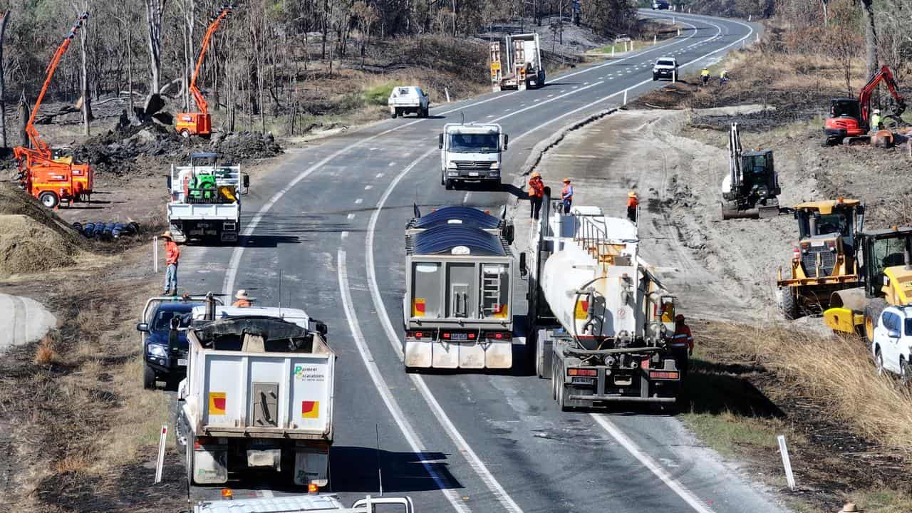 Road repairs after a truck exploded on the Bruce Highway