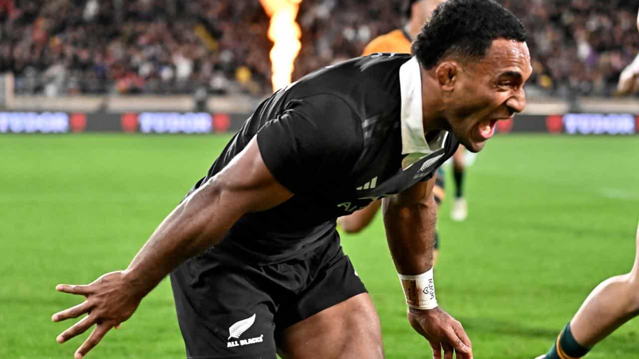 Sevu Reece of New Zealand celebrates a try.