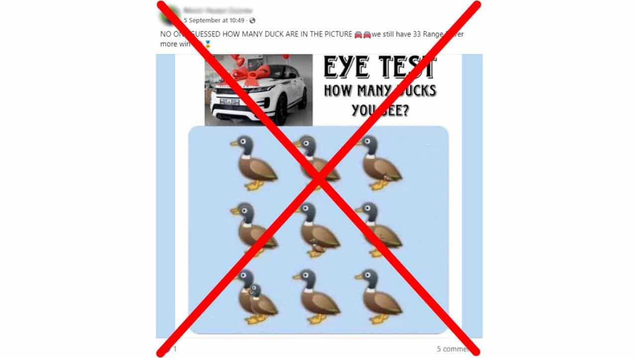 Crossed out Facebook scam post with duck image puzzle.