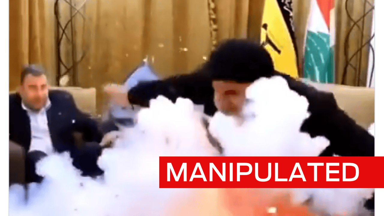 Fake video still of Hassan Nasrallah being blown up.