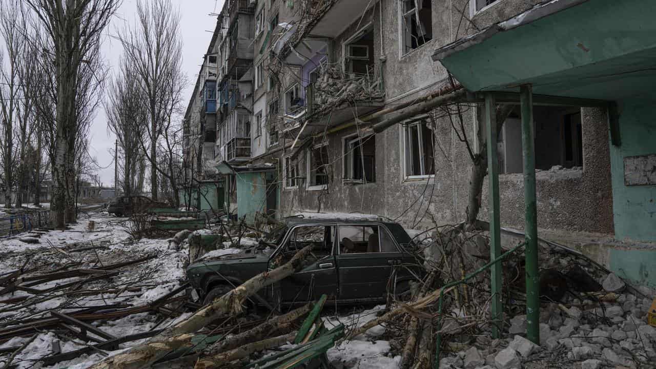 A file photo of a destroyed building in Vuhledar