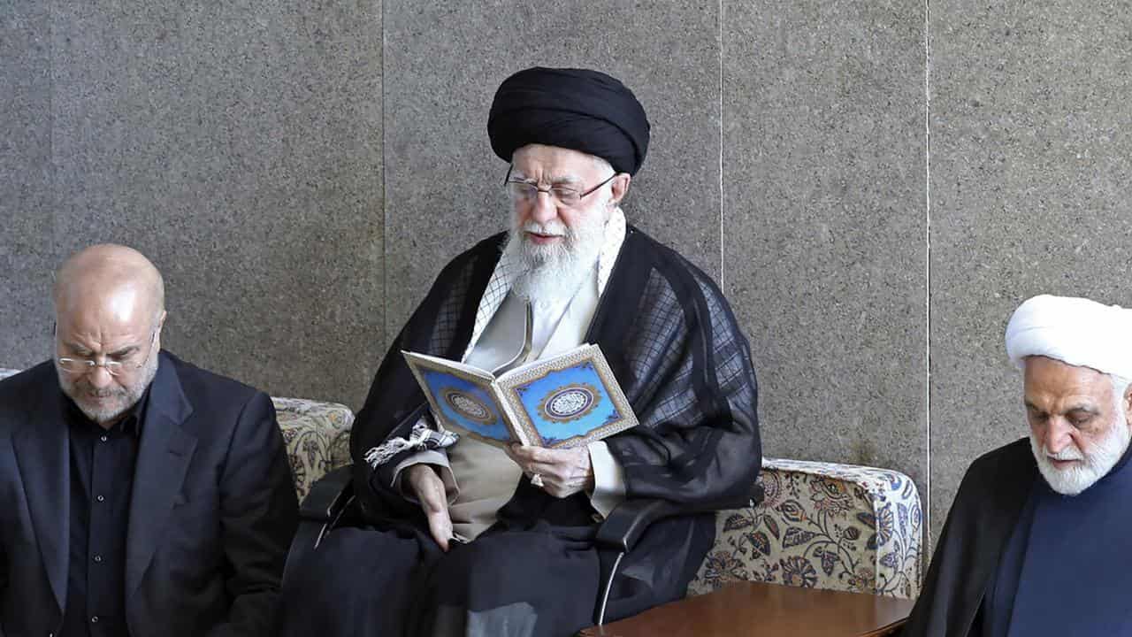 Supreme Leader Ayatollah Ali Khamenei at prayers in Tehran, Iran