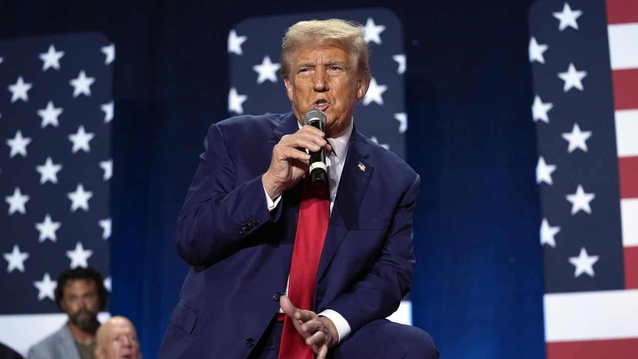 Donal Trump speaks at a town hall in Fayetteville, North Carolina