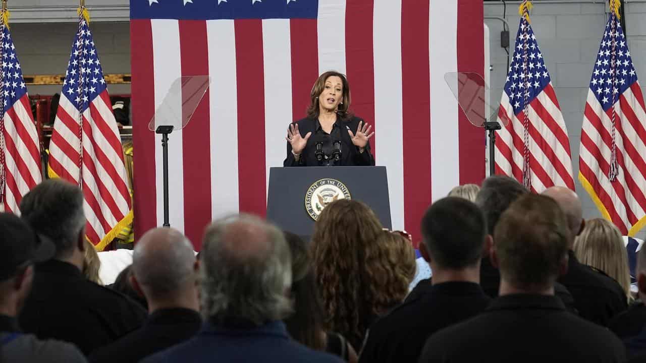 Kamala Harris speaks at the Redford Township firefighters in Michigan