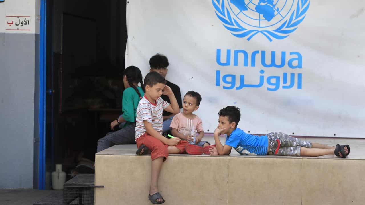 An UNRWA sign in a refugee camp