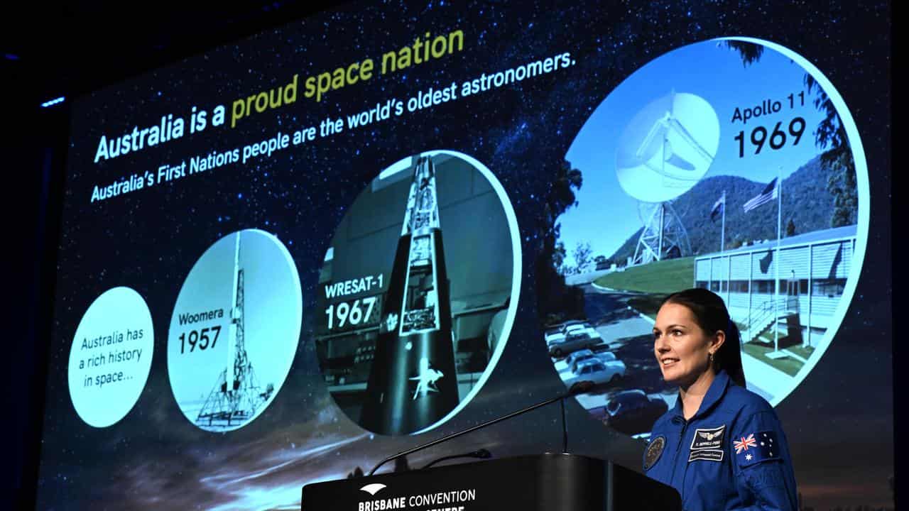 Katherine Bennell-Pegg speaks at a space conference in Brisbane