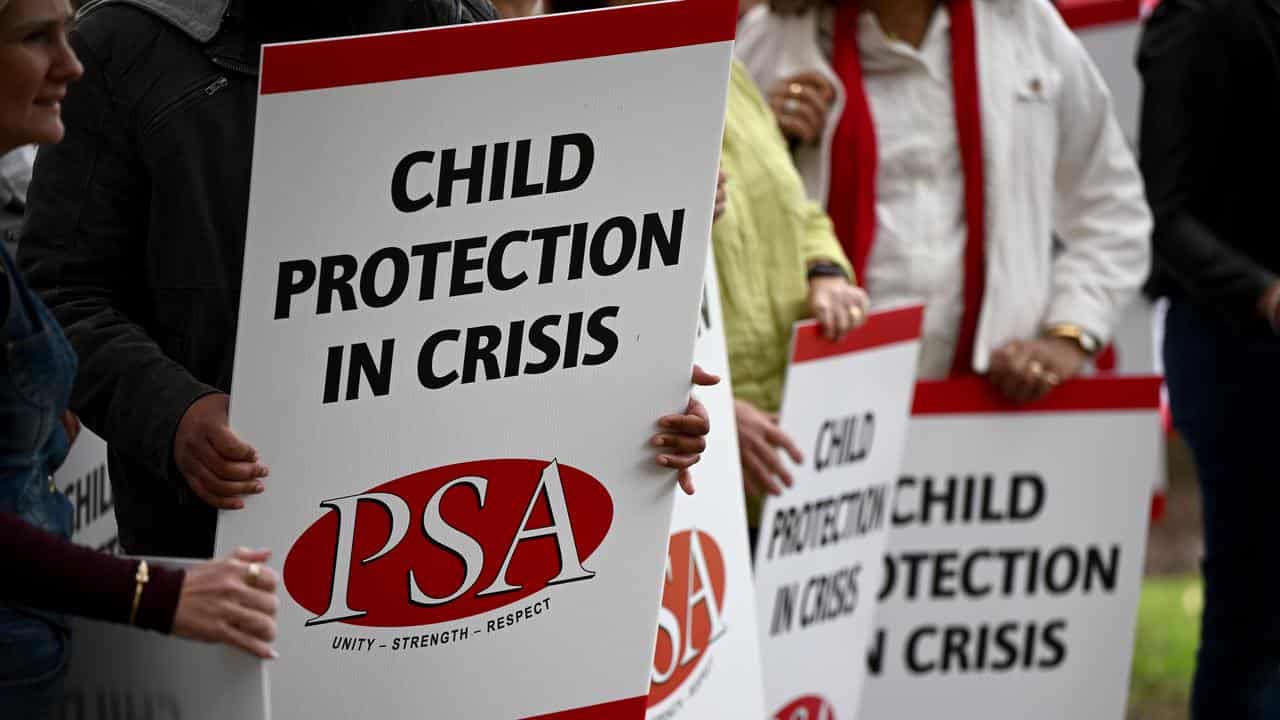 Child protection workers hold placards (file image)