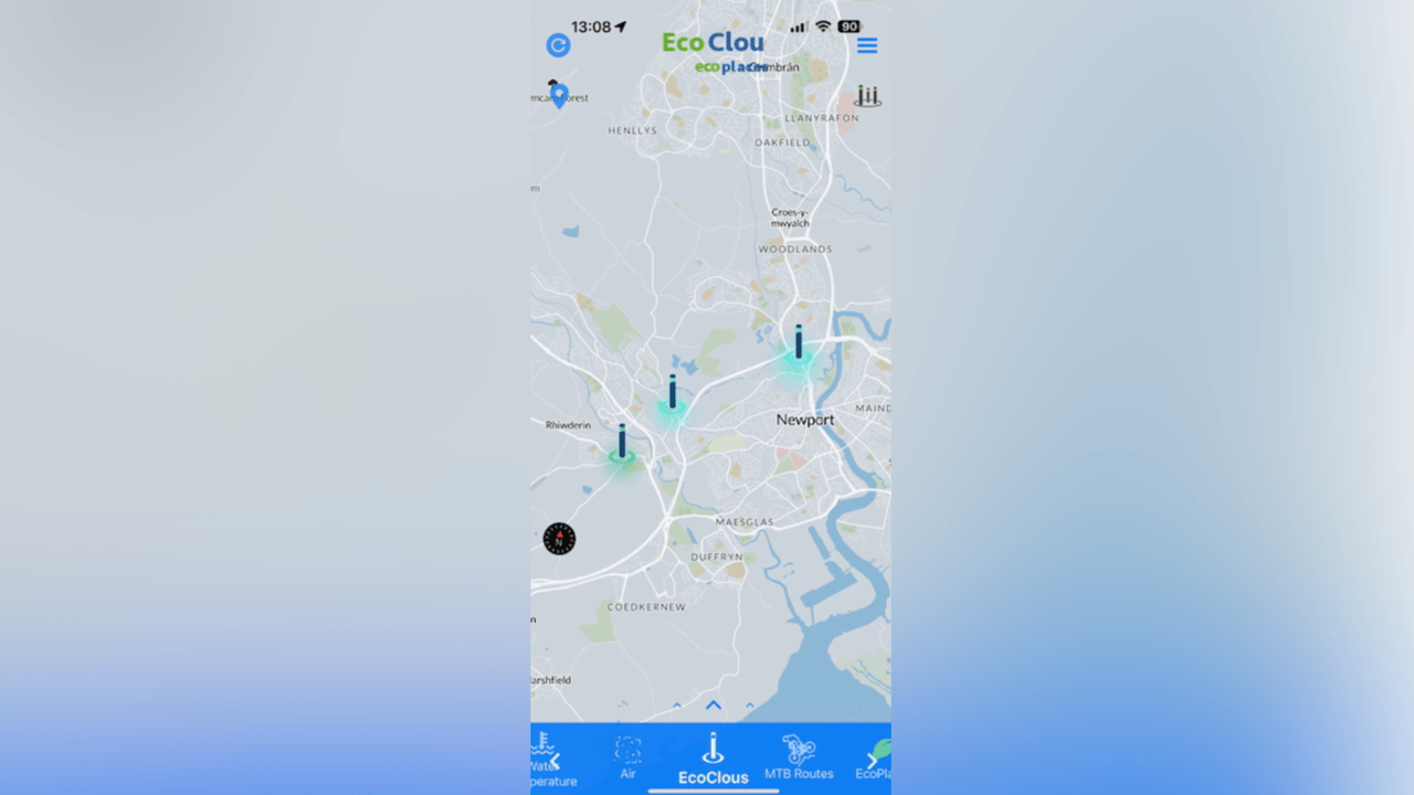 EcoClou app screengrab showing air quality sensors in Wales.