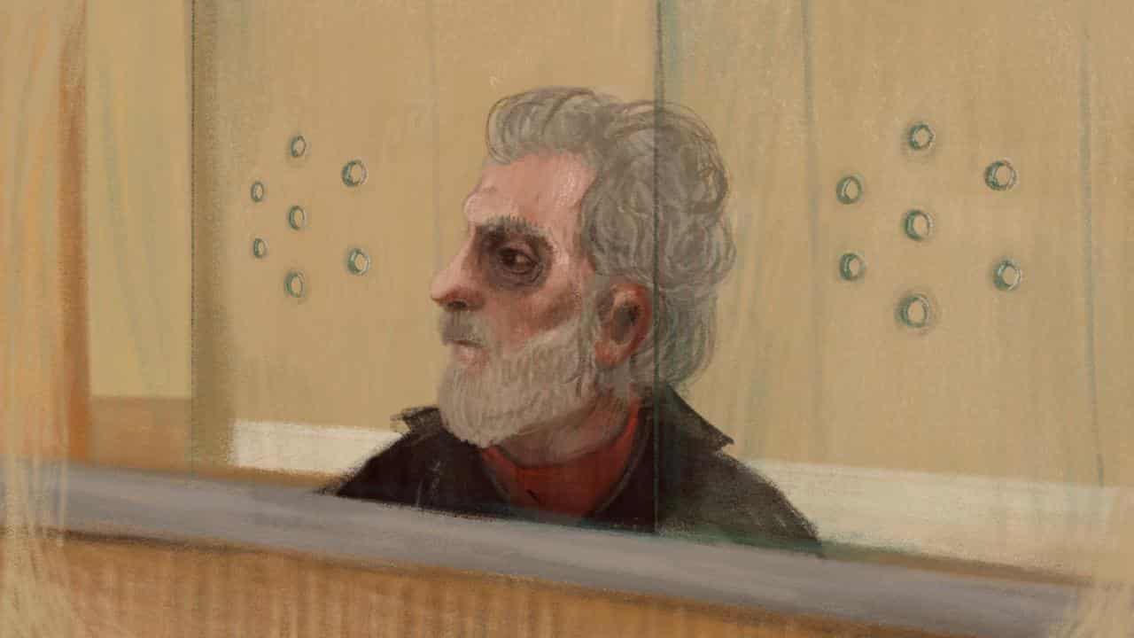 A supplied courtroom sketch shows Perry Kouroumblis