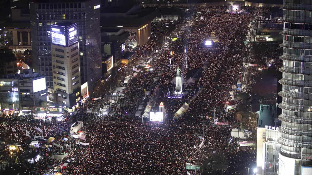 Protesters in Seoul rally against  President Park Geun-hye in 2016.