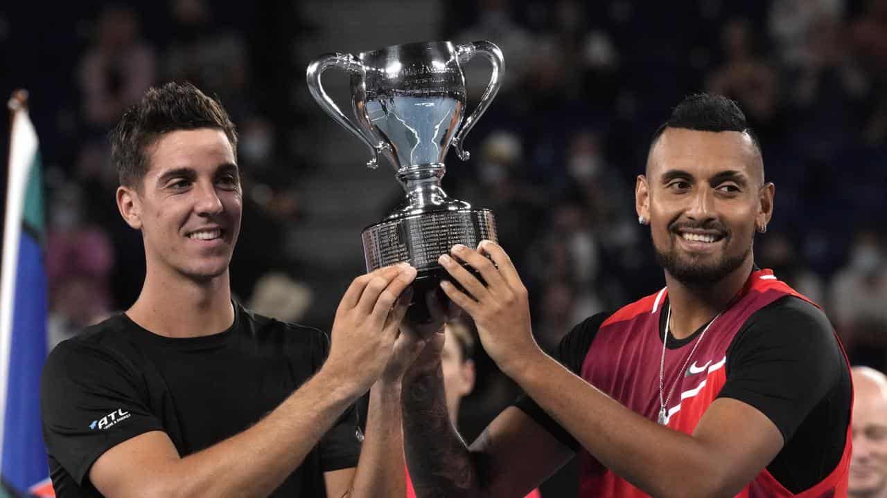 Nick Kyrgios (right) and Thanasi Kokkinakis.