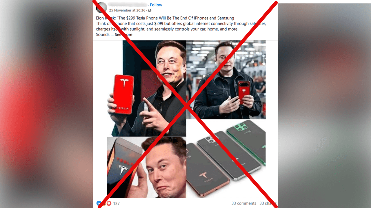 Facebook post claiming Elon Musk has announced a new Tesla phone.