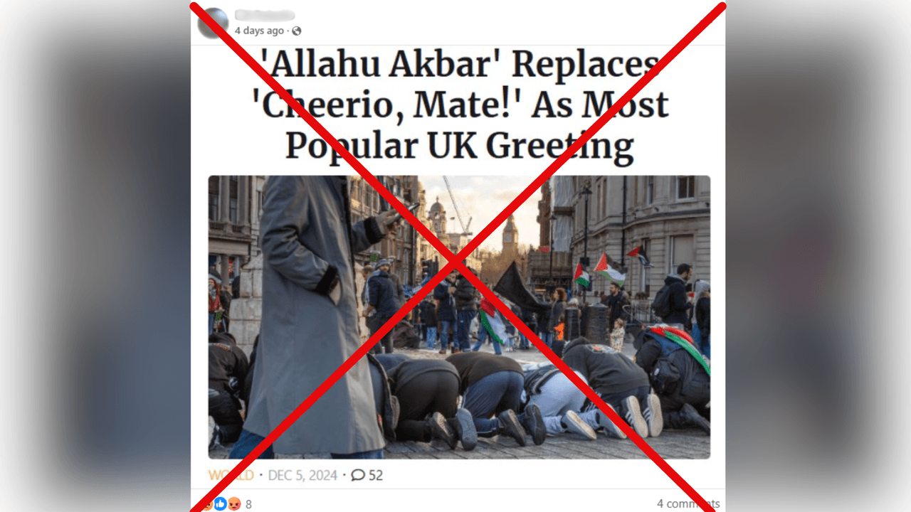 Facebook post claiming Allahu akbar now most popular UK greeting