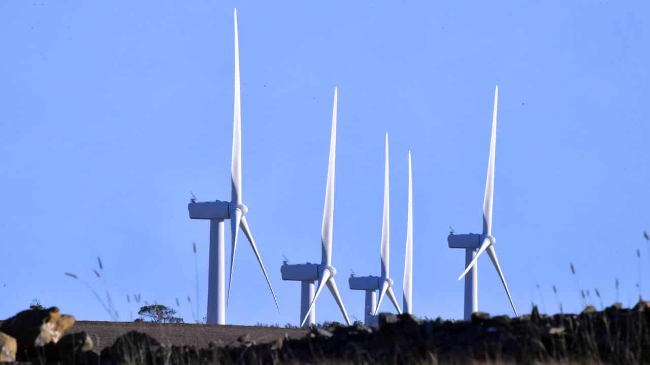 Turbines are seen at a wind farm near Bungendore