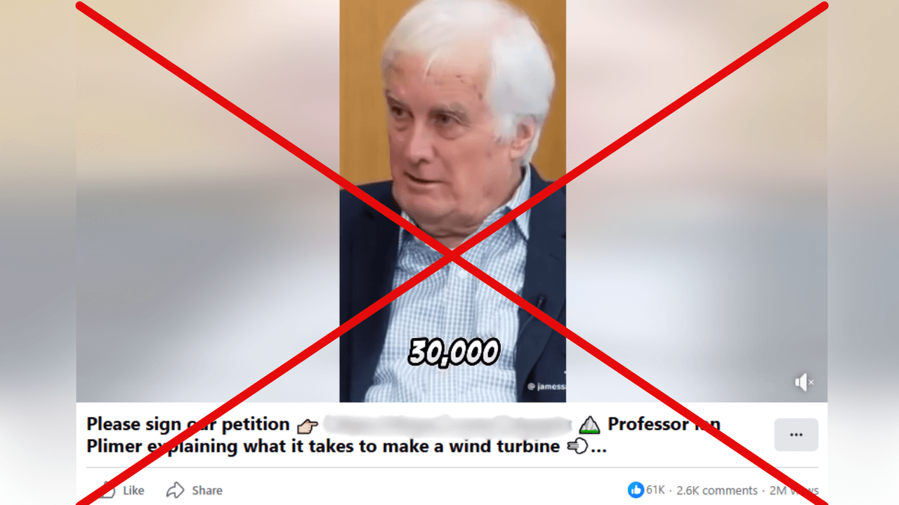 Facebook post with video featuring a false claim about wind turbines.