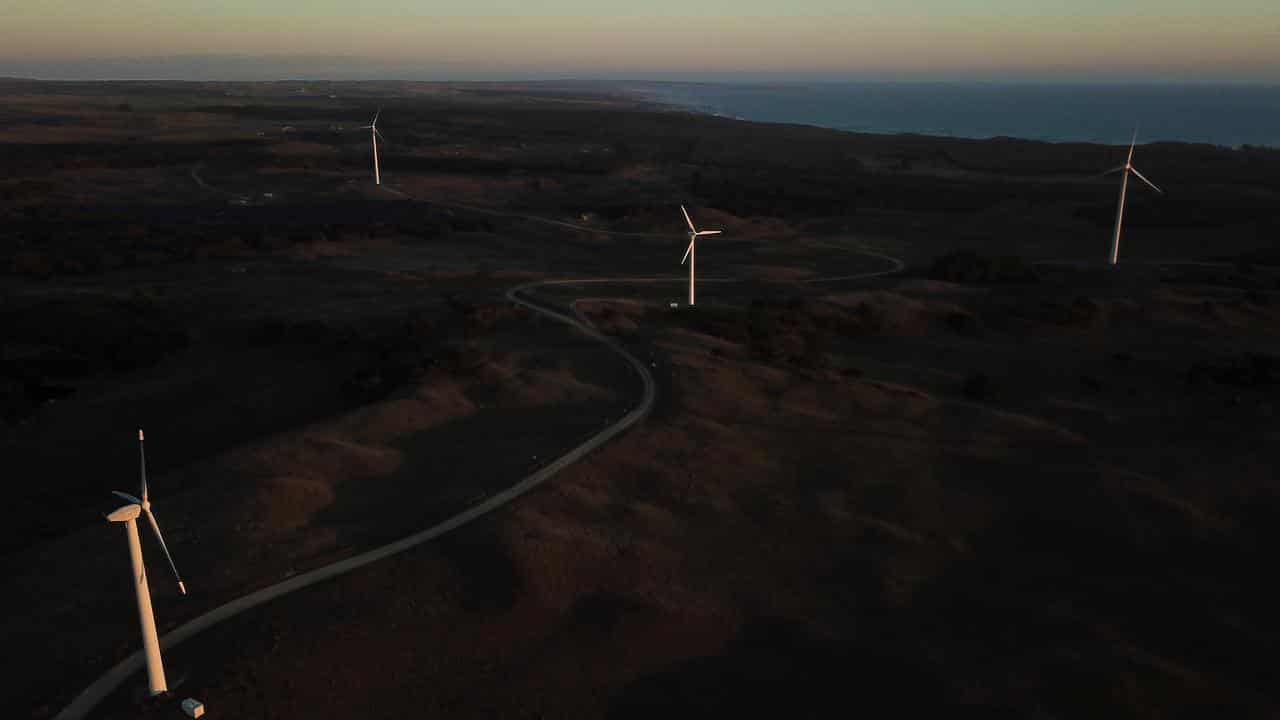 Wind farm outside Currie on King Island, Tasmania, from above