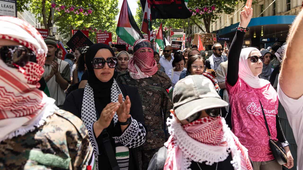 Palestine supporters participate in a Pro-Palestine demonstration