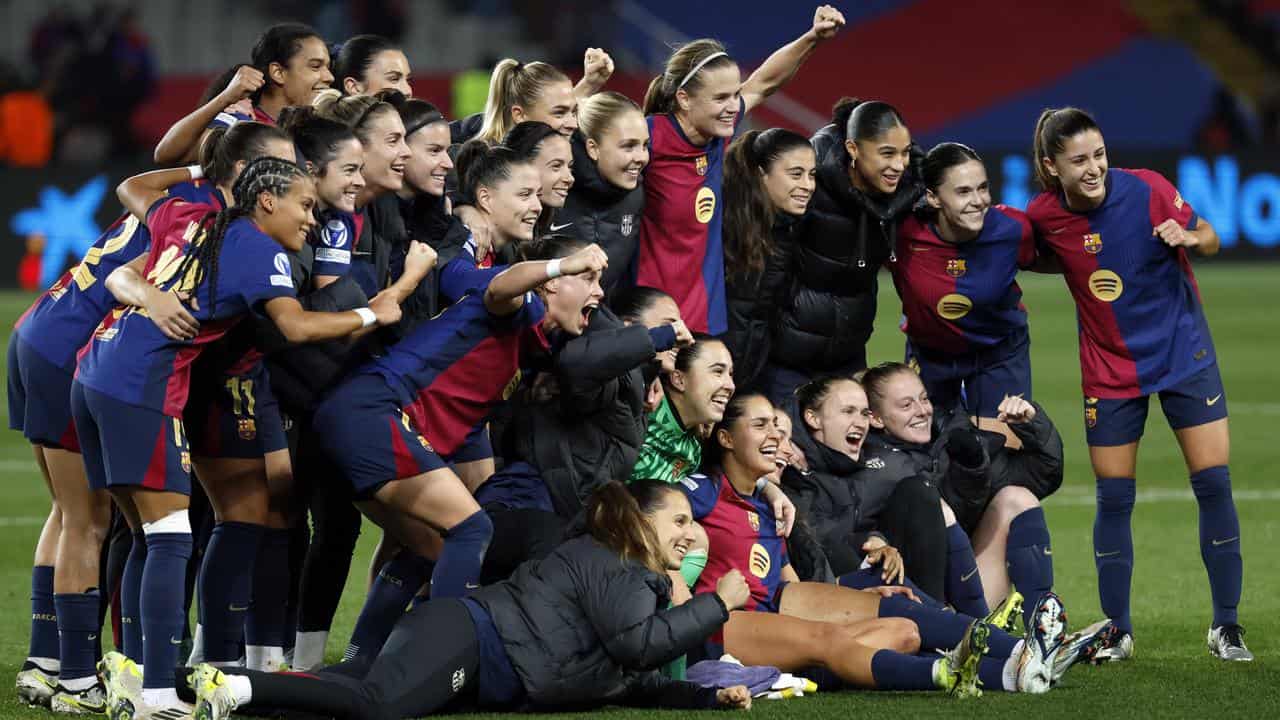 Barcelona players celebrating.