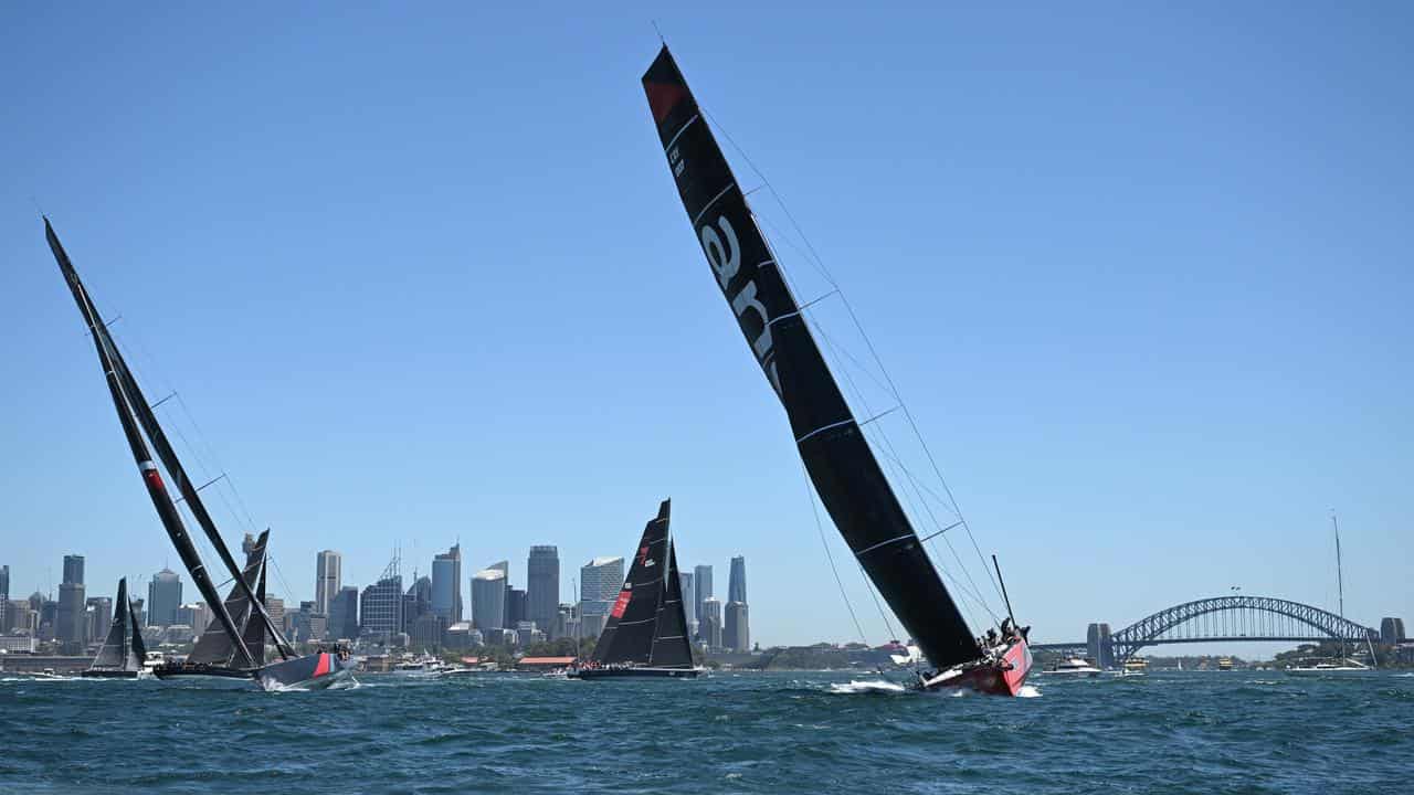 Boats jockey for position on Sydney Harbour.