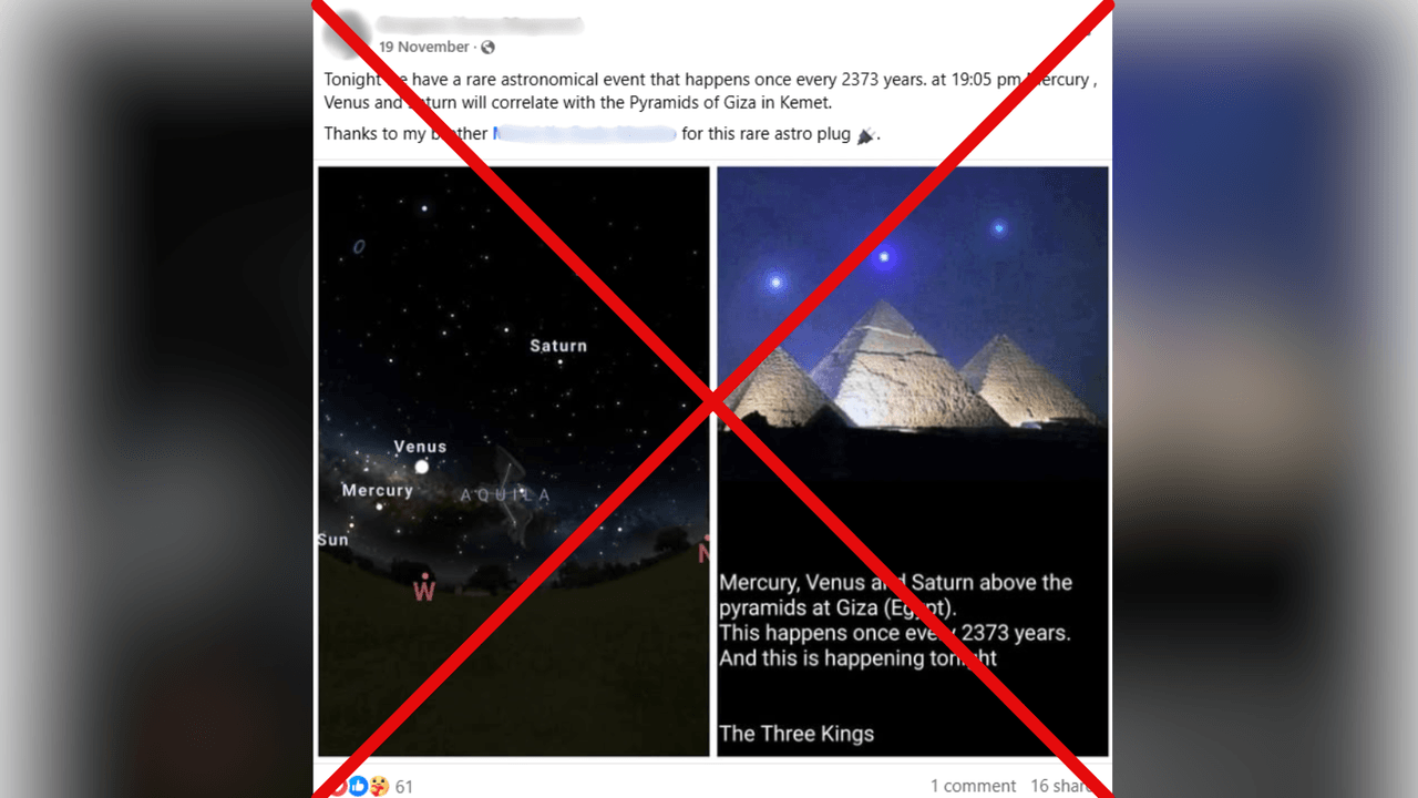 Facebook post with claim planets aligned over Giza Pyramids.