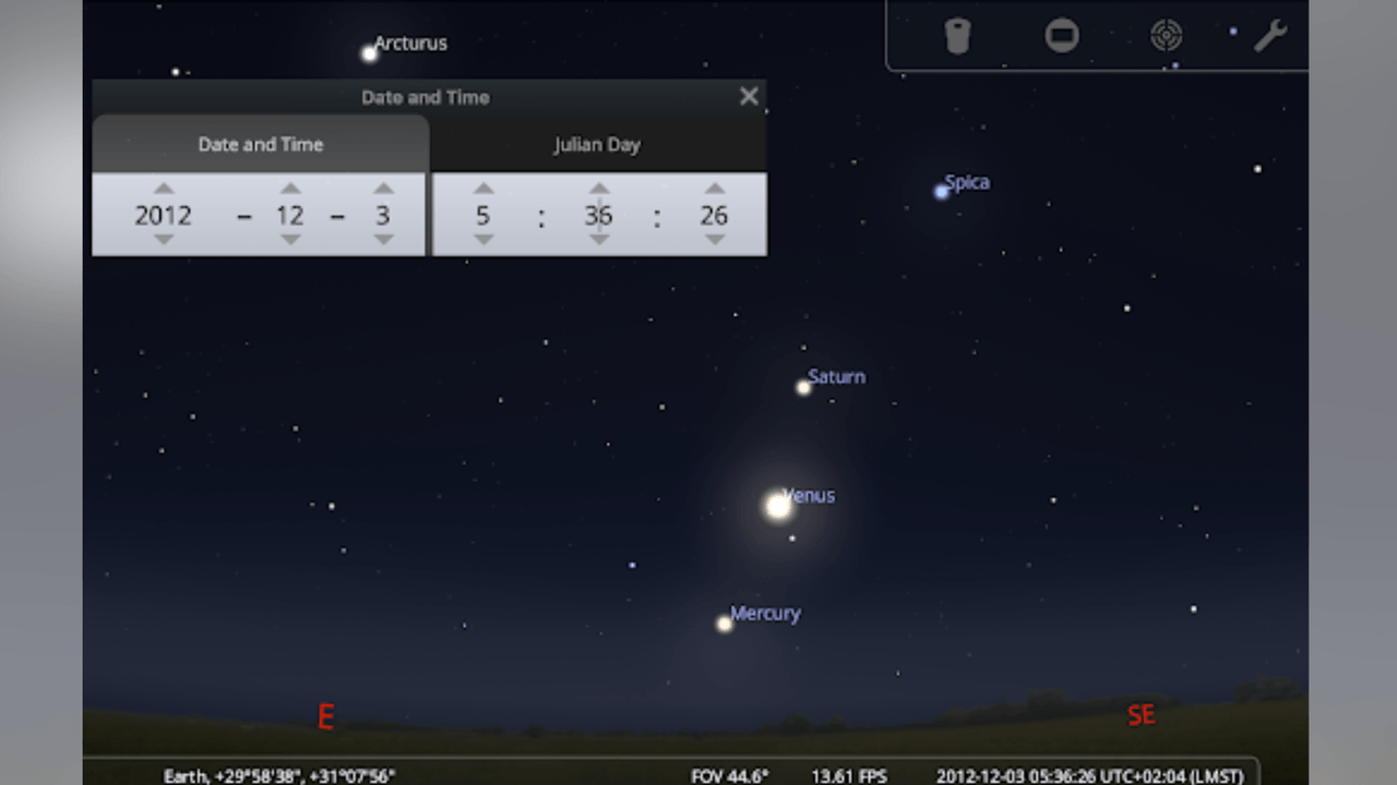 Stellarium image of Saturn, Venus and Mercury.