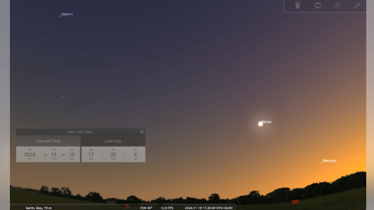 Stellarium image of Mercury and Venus.