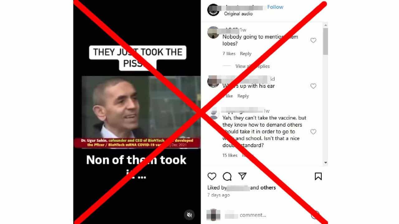 Screenshot of an Instagram post making false claims about Ugur Sahin.