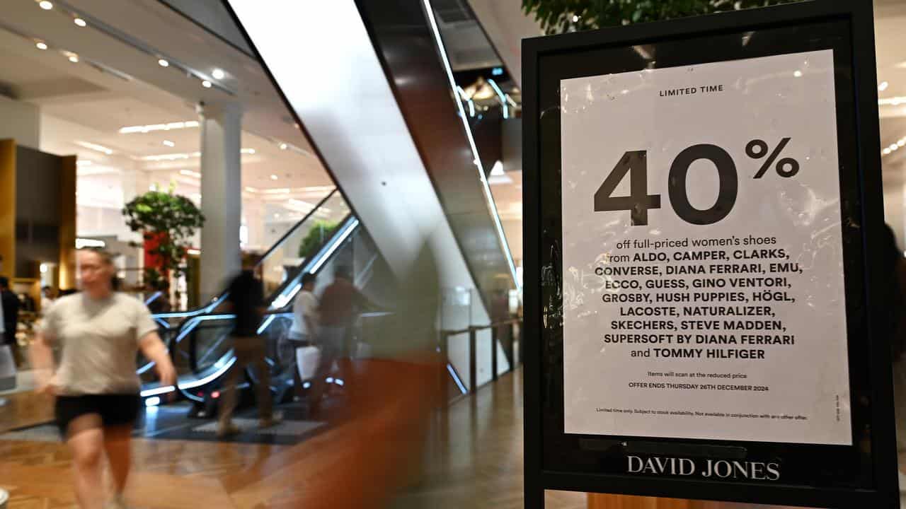 Sales signs during a Boxing Day clearance event in Sydney.