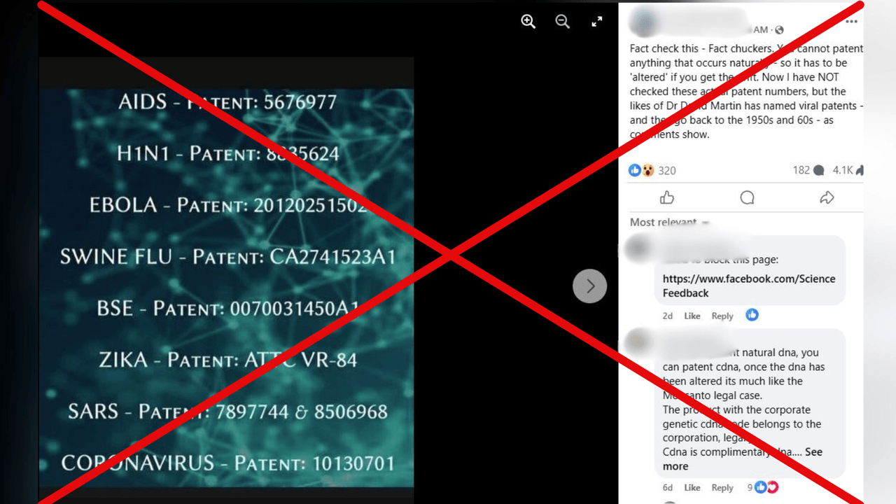 Screenshot of mislead Facebook post about patents.