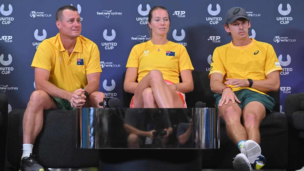 Lleyton Hewitt, Olivia Gadecki and Alex de Minaur.