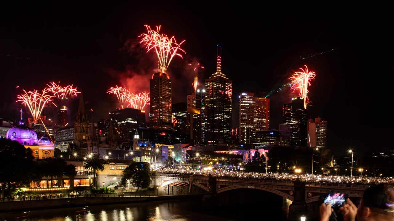 Fireworks along the Yarra River on New Year’s Eve in Melbourne