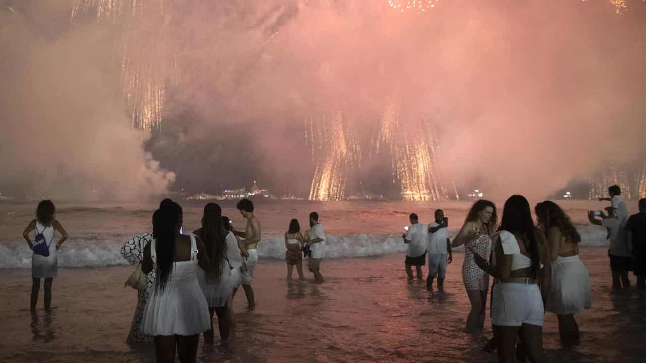 Fireworks explode off Copacabana beach