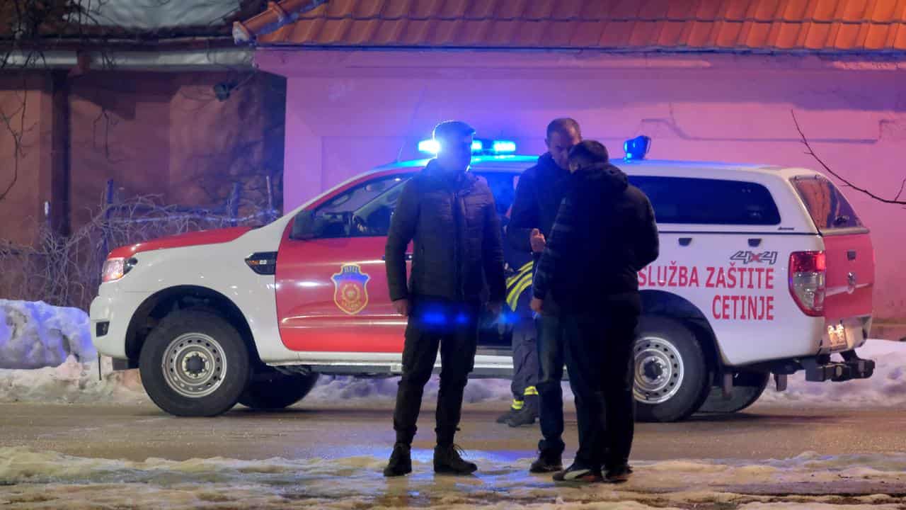 Police near a restaurant in Cetinje, Montenegro