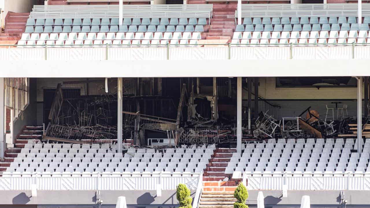 Damaged grandstand after a fire at Caulfield Racecourse in Melbourne