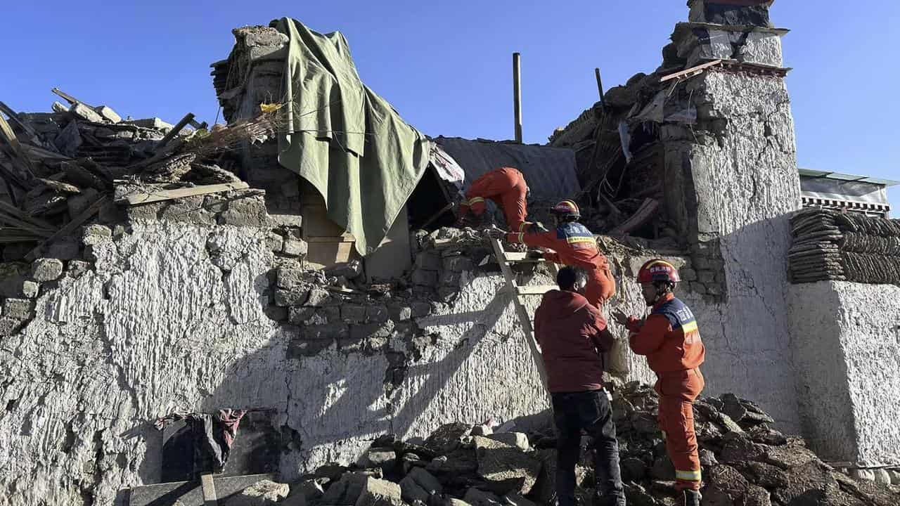 Rescue workers at the scene of the earthquake