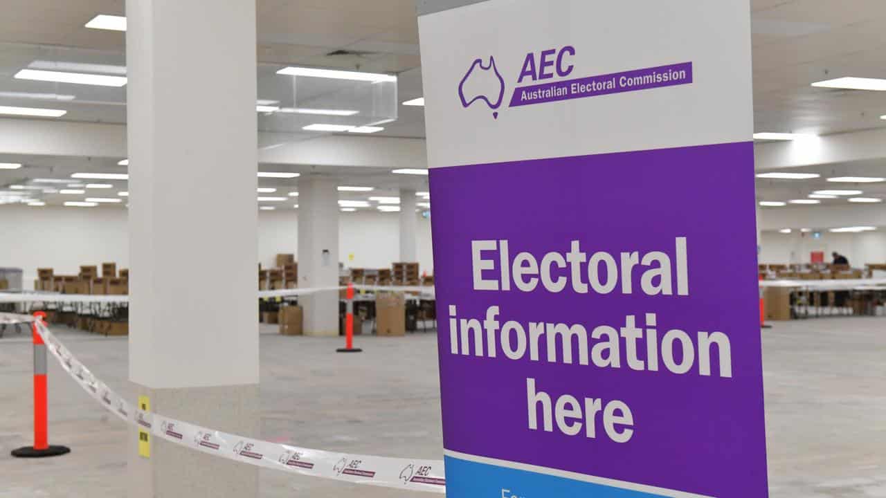 Australian Electoral Commission sign in a warehouse in  Canberra, 2022