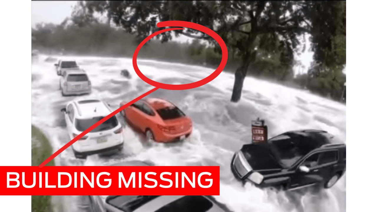 Circle around point where building is missing in fake flood video