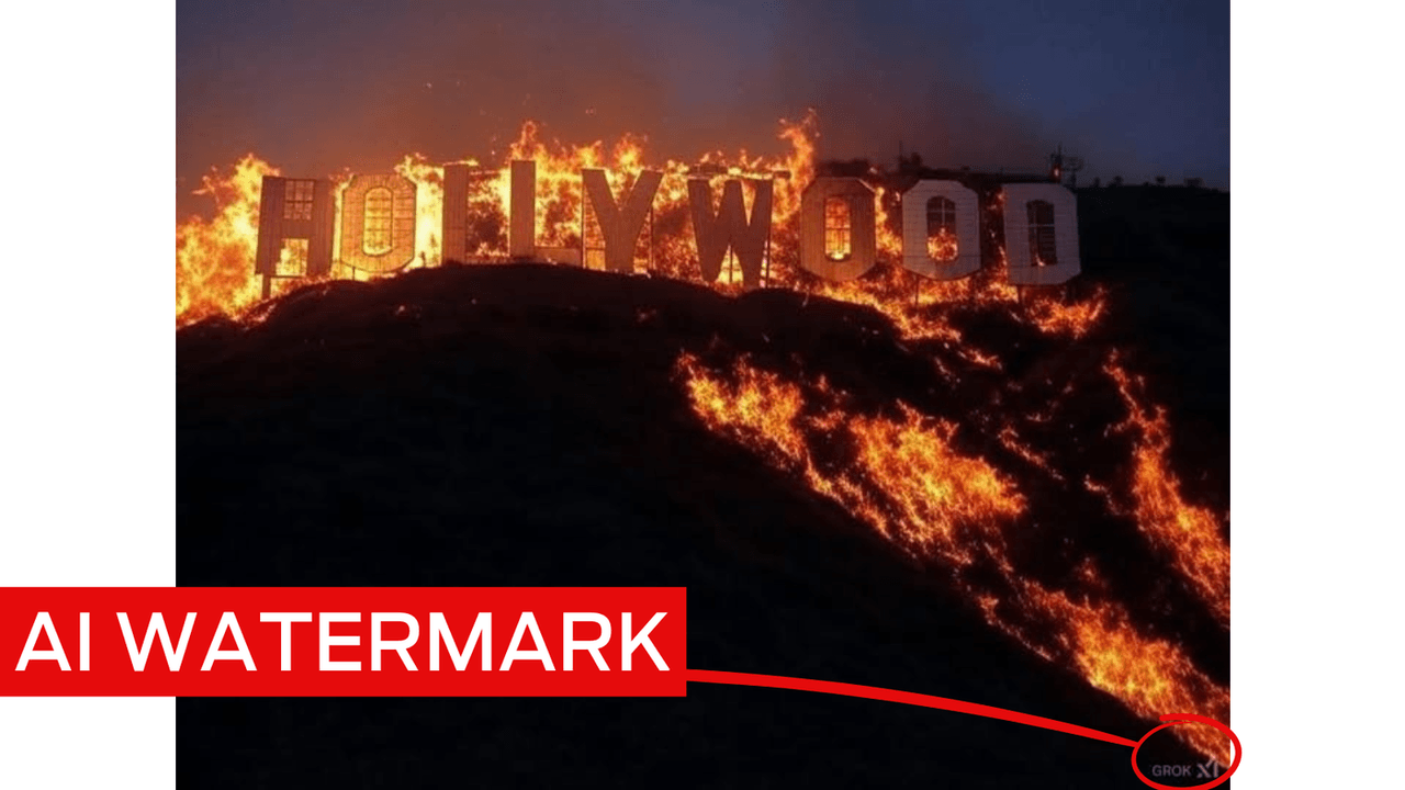 Fake Hollywood fire image with Grok logo visible