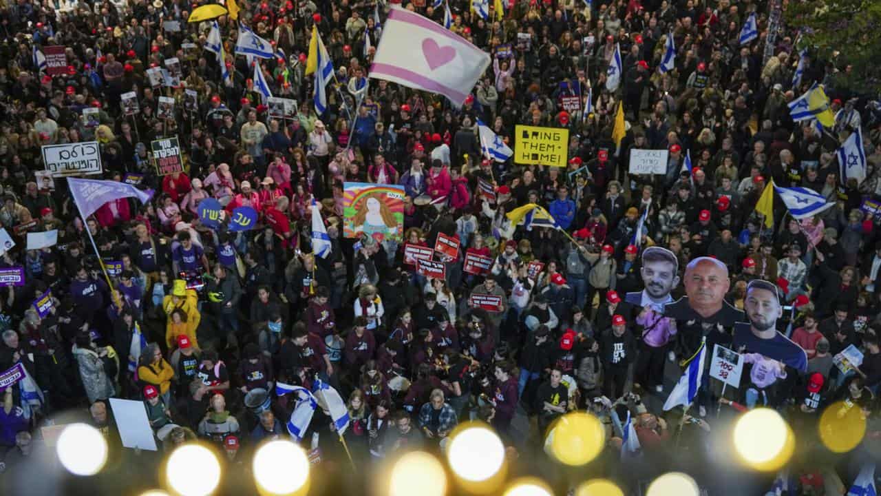 A demonstration calling for the release of Israeli hostages