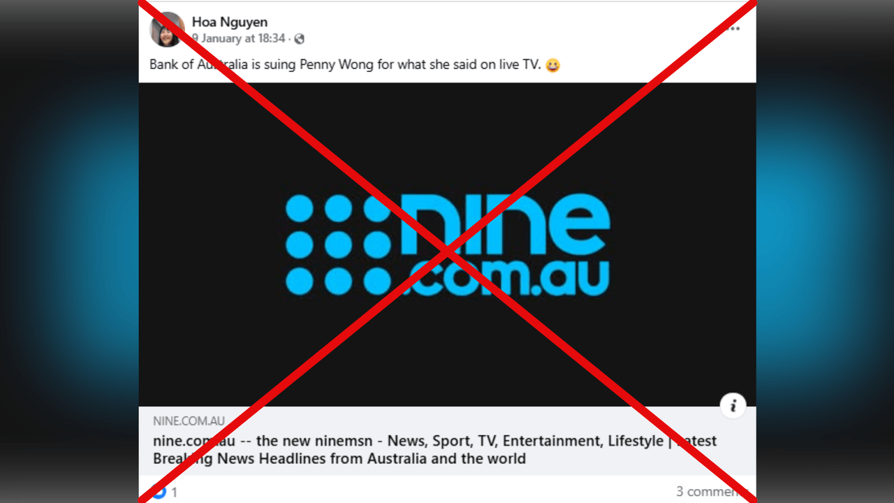 Facebook post linking to a fake News Corp article about Penny Wong