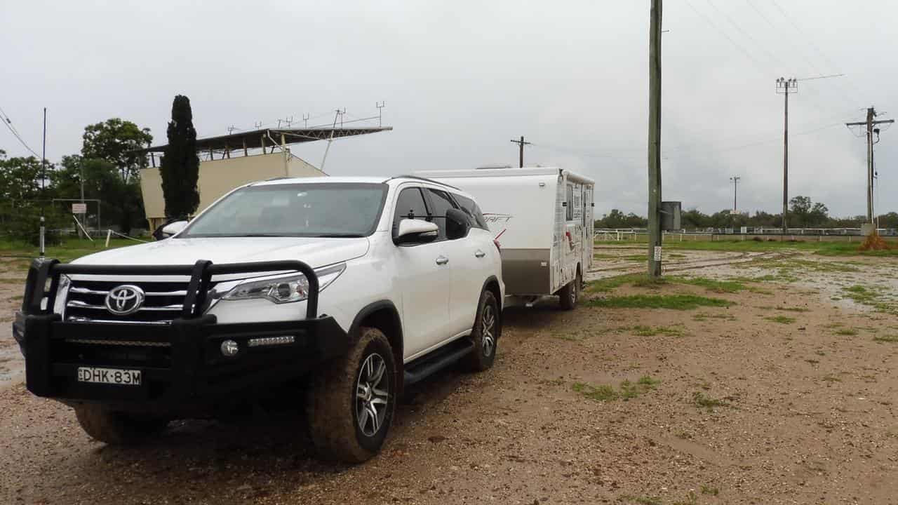 Researcher Margaret Yates' car and caravan in Walgett, NSW