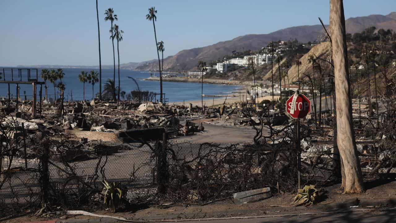 A neighborhood destroyed by the Palisades wildfire in LA, California