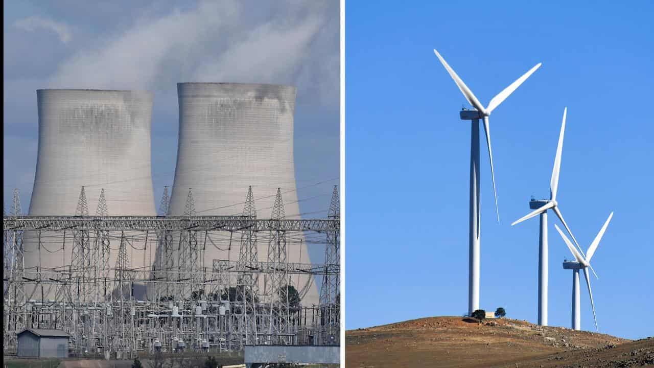 A coal-fired power station and a wind farm