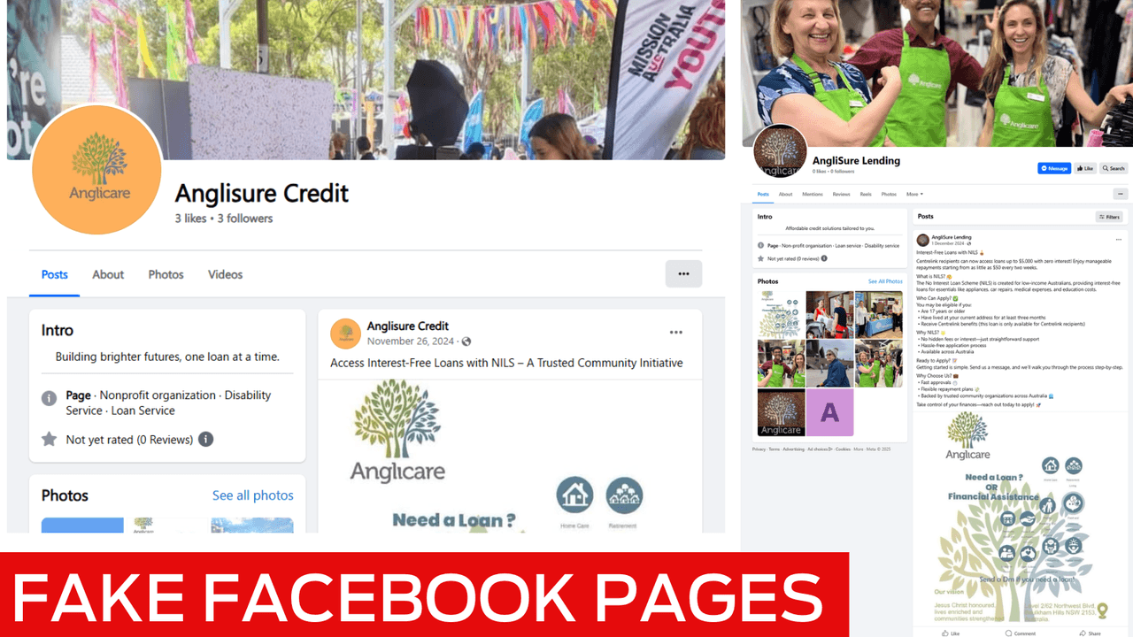 Similar looking scam pages using the Anglicare Sydney tree logo.