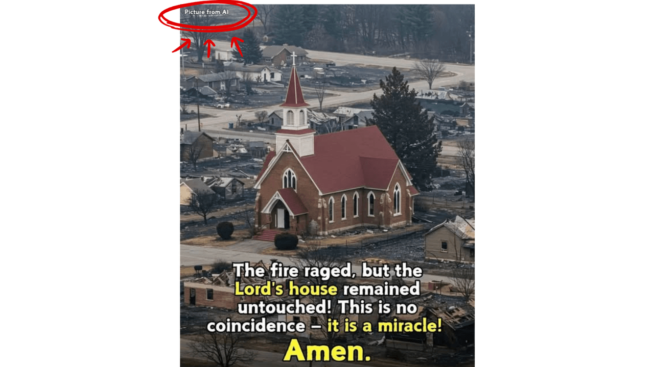 AI pic of unburned church surrounded by burnt buildings