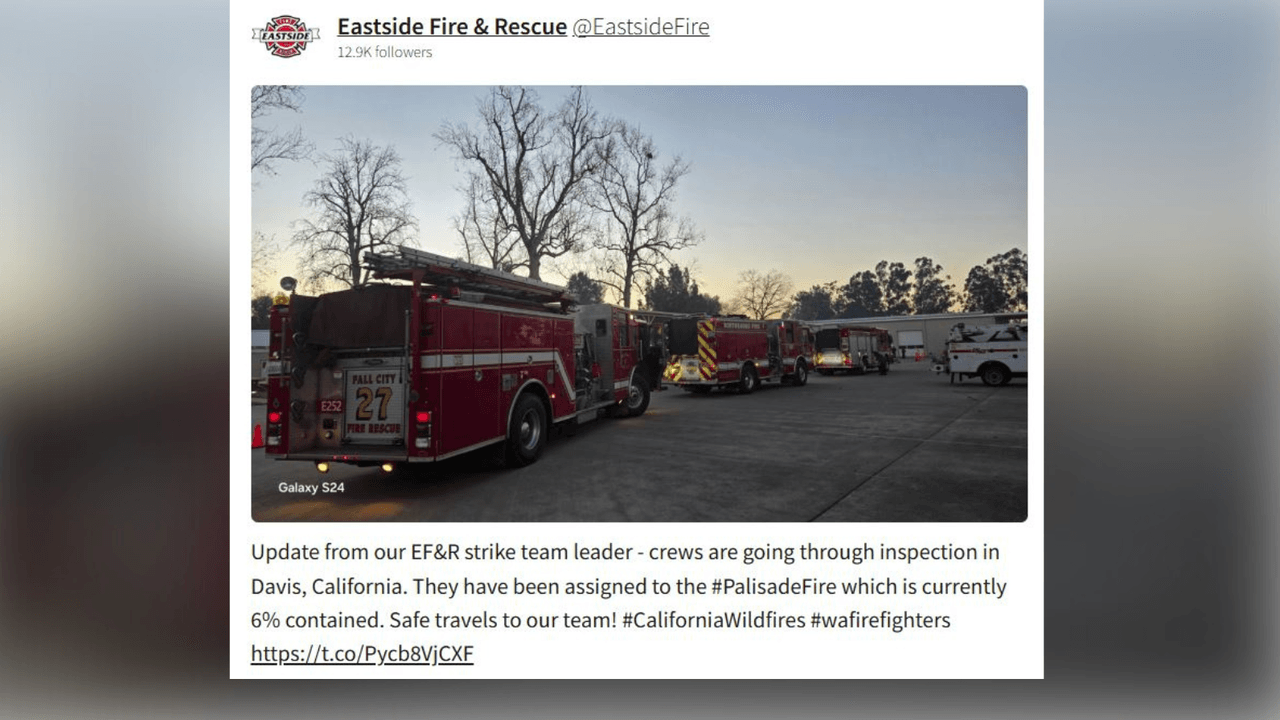 Screenshot of an X post showing trucks being inspected in California.